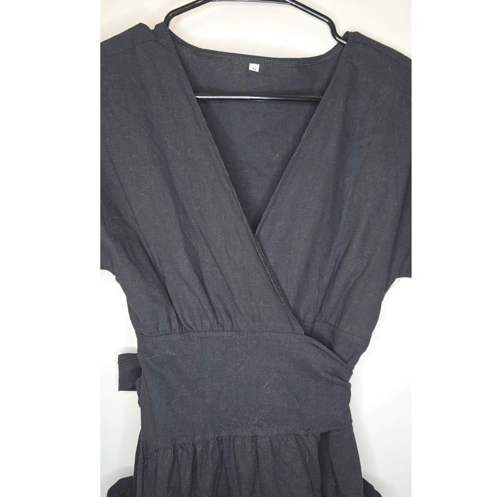 Black True Wrap V-Neck Midi Dress with Pockets Short Sleeve Size M